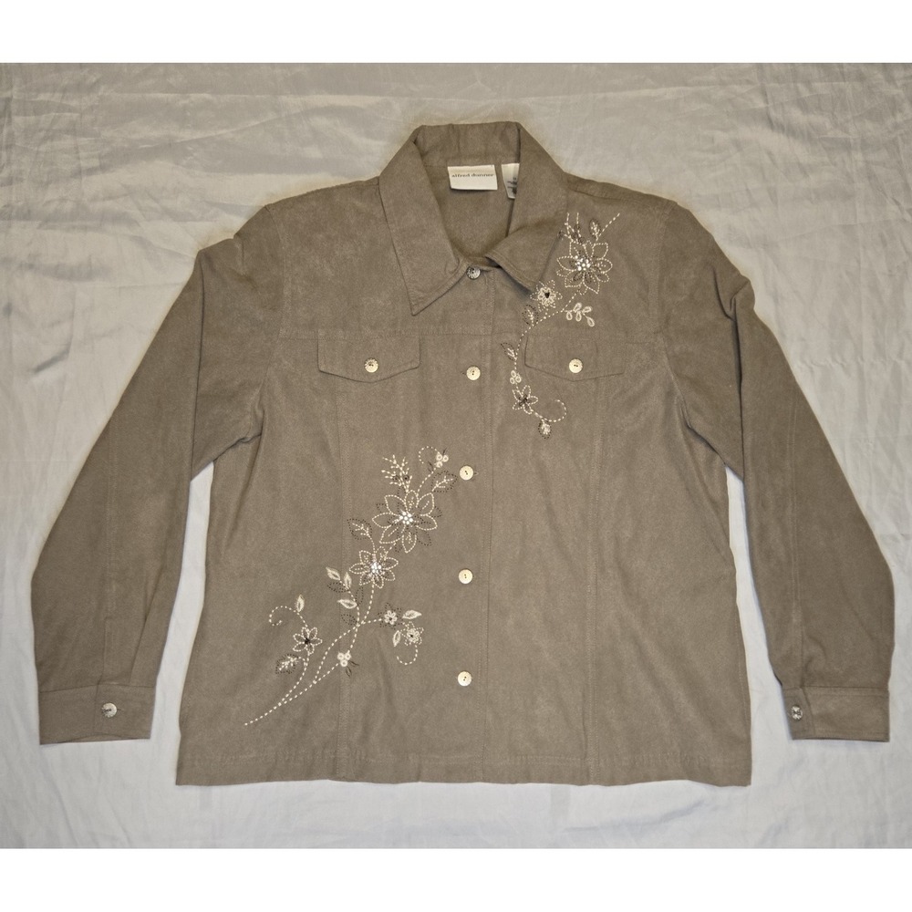 Alfred Dunner Brown Blazer Button Shirt Size 14 Embroidered Beaded Pockets Pads